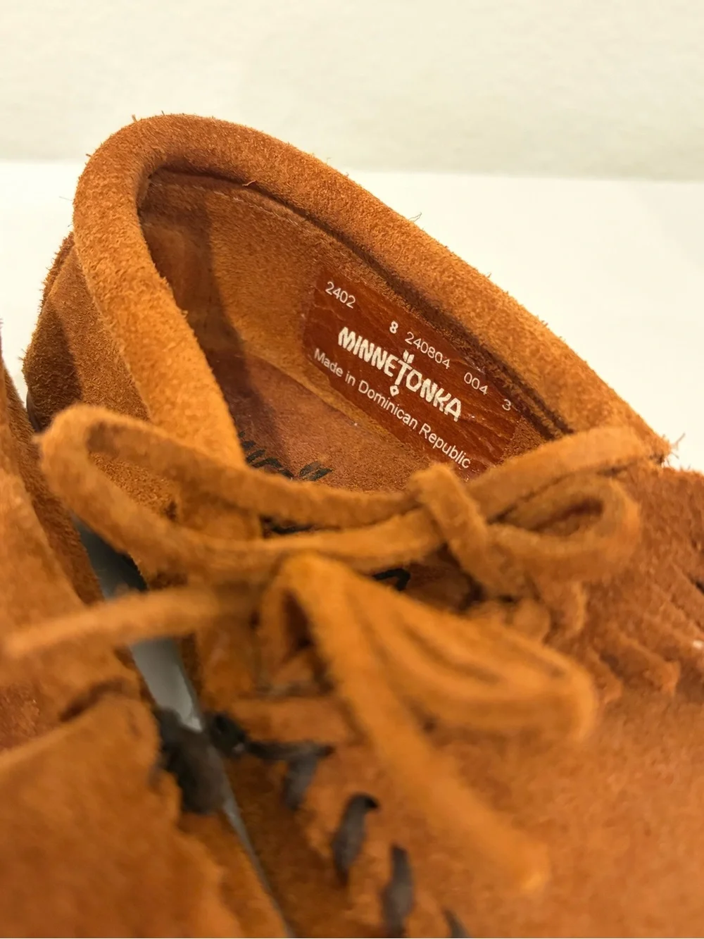 Authentic Minnetonka toddler size 8 Suede Fringe Moccasins - Cognac Brown